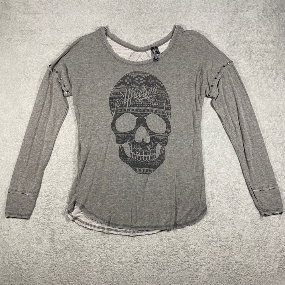 Affliction Graphic Top Womens Large Grey Skull Studded Keyhole Back Long Sleeve